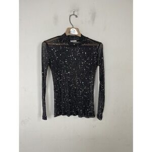 MANGOPOP Women Shirt Small Black Mesh Sheer Star Mystical Mock Neck Long Sleeve